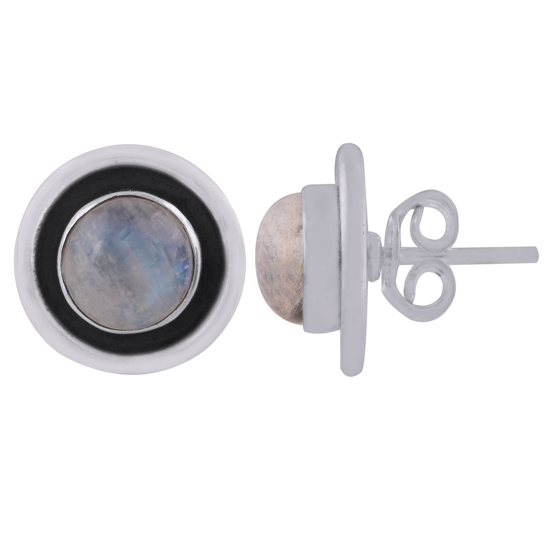 Rainbow Natural Gemstone 925 Sterling Solid Silver Round Cabochon Stone Handmade Stud Earrings