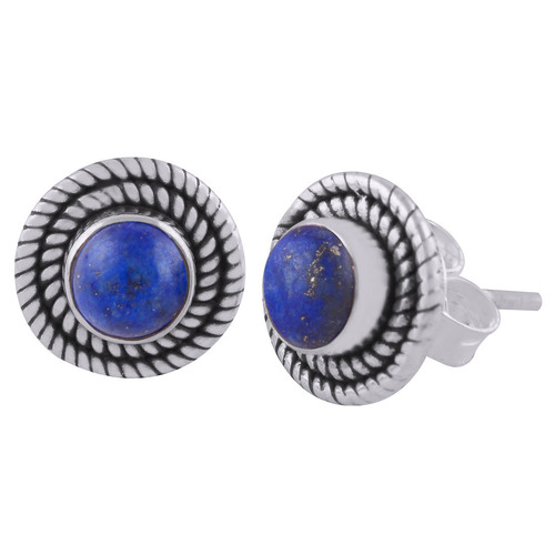 Lapis Natural Gemstone 925 Sterling Solid Silver Round Cabochon Stone Handmade Stud Earrings