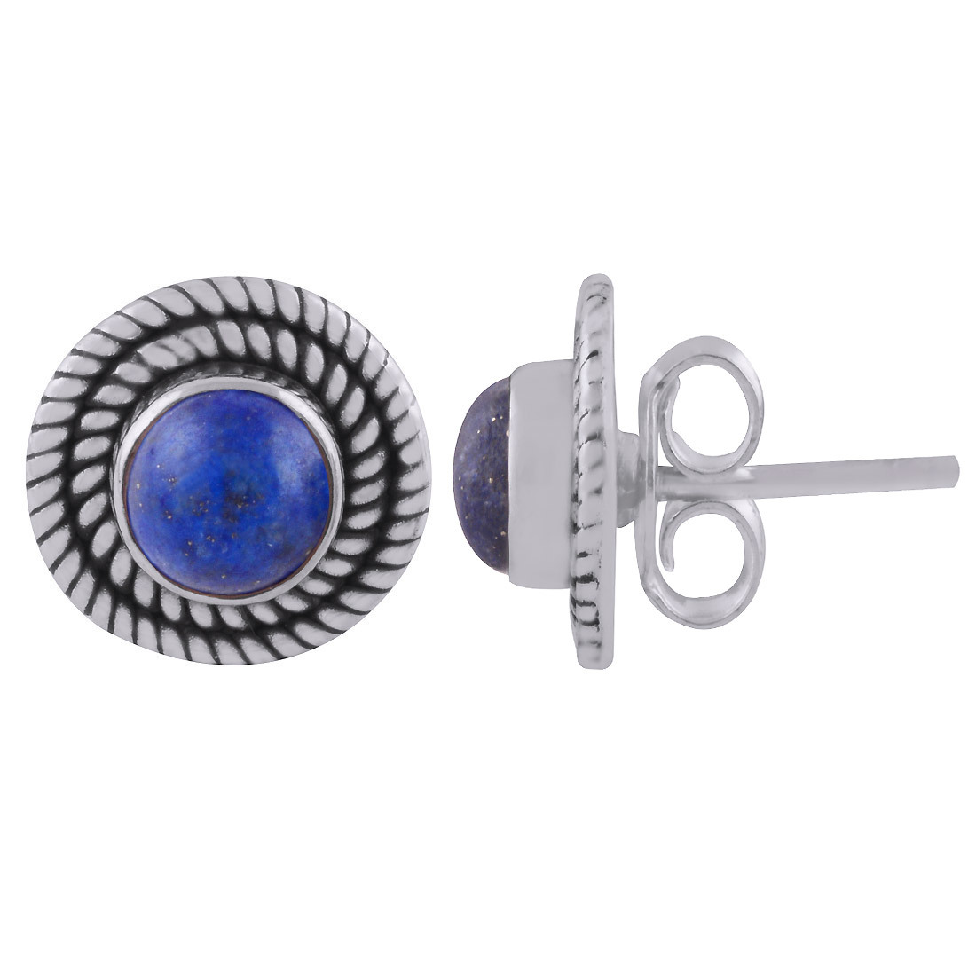 Lapis Natural Gemstone 925 Sterling Solid Silver Round Cabochon Stone Handmade Stud Earrings