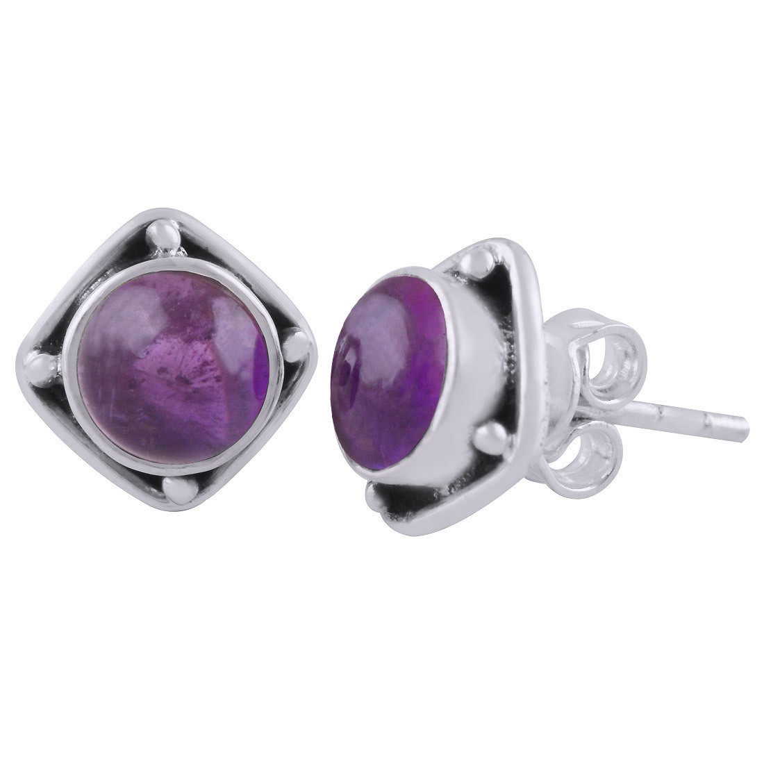 Rainbow Natural Gemstone 925 Sterling Solid Silver Round Cabochon Stone Handmade Stud Earrings
