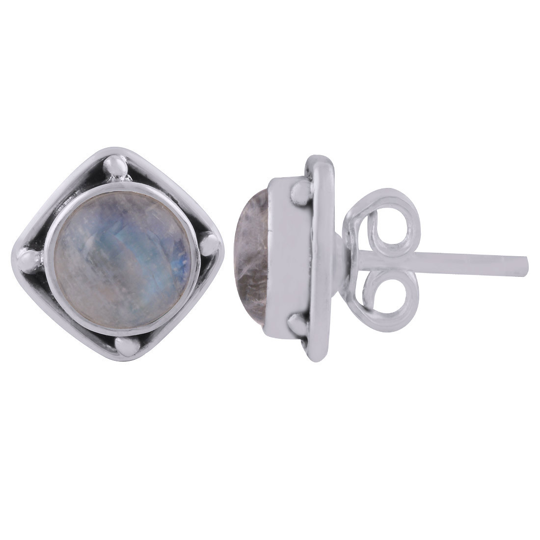 Rainbow Natural Gemstone 925 Sterling Solid Silver Round Cabochon Stone Handmade Stud Earrings