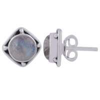 Rainbow Natural Gemstone 925 Sterling Solid Silver Round Cabochon Stone Handmade Stud Earrings