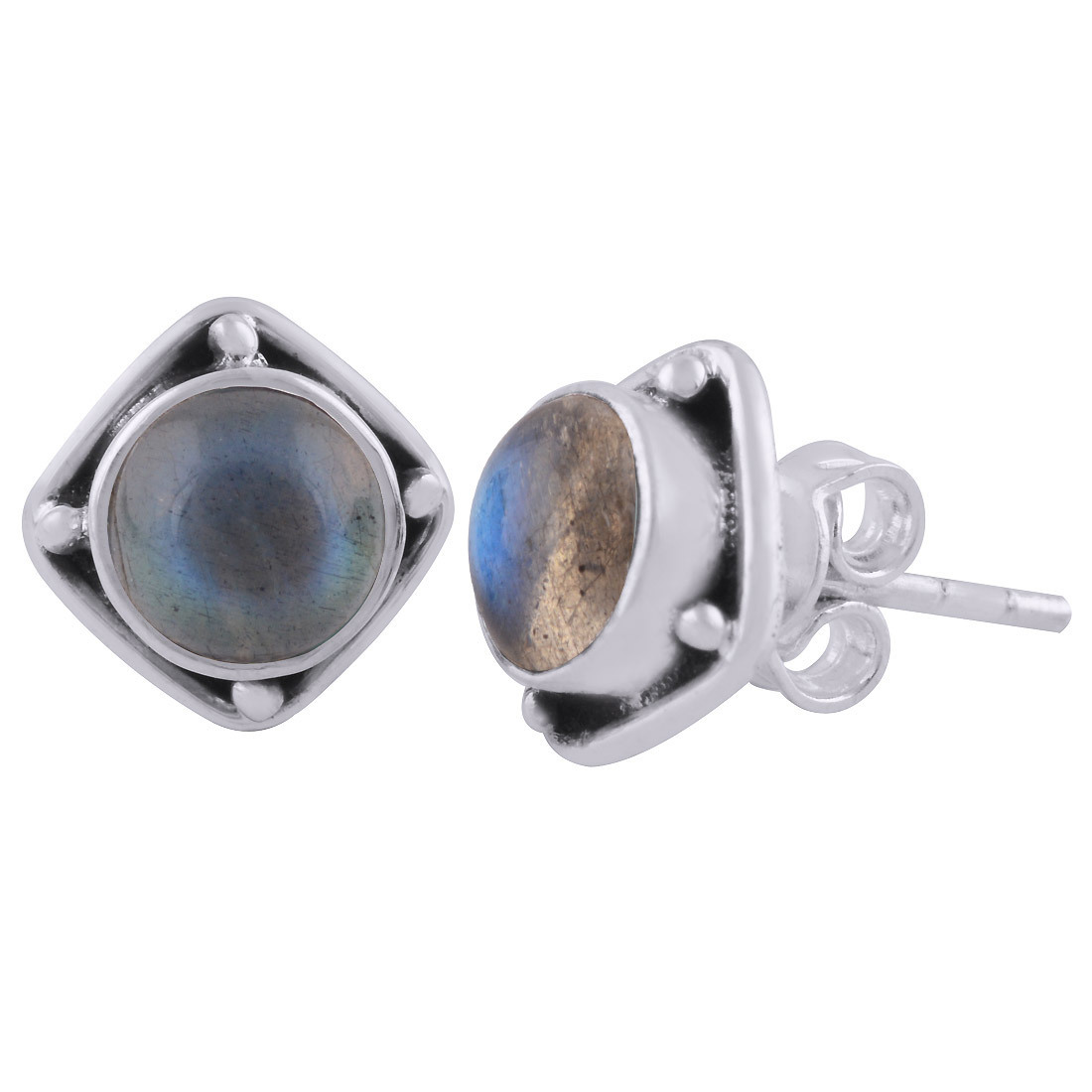 Rainbow Natural Gemstone 925 Sterling Solid Silver Round Cabochon Stone Handmade Stud Earrings