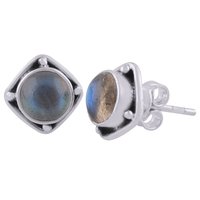 Rainbow Natural Gemstone 925 Sterling Solid Silver Round Cabochon Stone Handmade Stud Earrings
