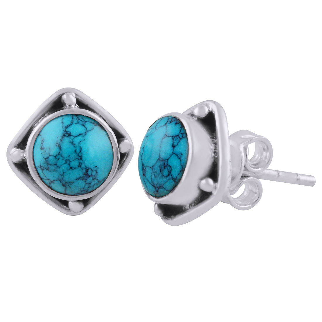 Rainbow Natural Gemstone 925 Sterling Solid Silver Round Cabochon Stone Handmade Stud Earrings