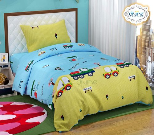 Divine Overseas Microfiber Kids Printed Designer Bed Sheet (60" x 90" 1 Bedsheet + 1 Pillow Cover, Sky Lemon Car)