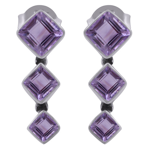 Amethyst Natural Gemstone 925 Sterling Solid Silver Square Cut Stone Handmade Stud Earrings