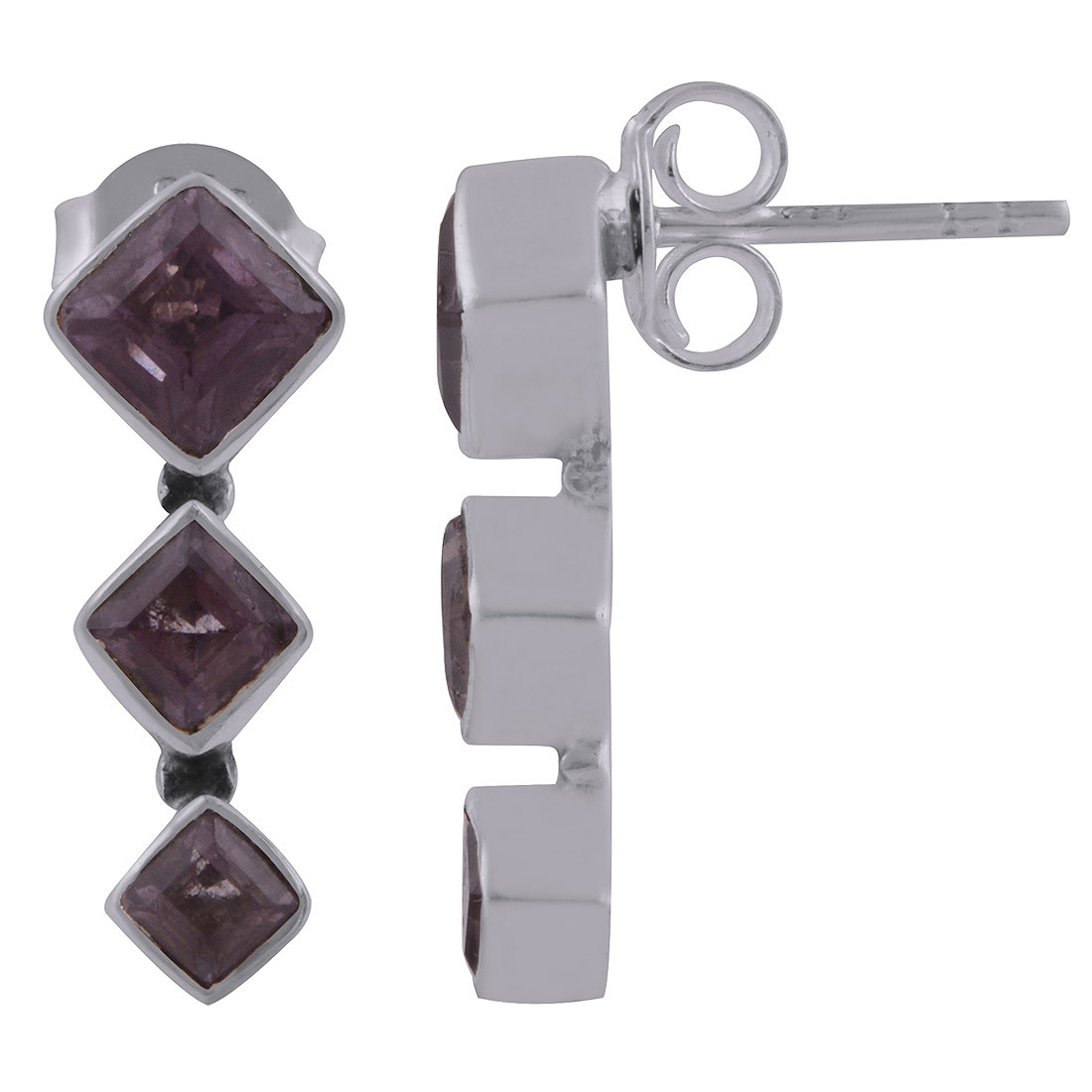 Amethyst Natural Gemstone 925 Sterling Solid Silver Square Cut Stone Handmade Stud Earrings