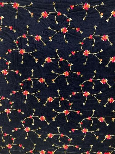 Embroidery Velvet Fabric - Velvet, Custom Length, Dark Color with Multi-Colored Threads & Sequence, Ideal for Garment Industries, Embroidered Texture
