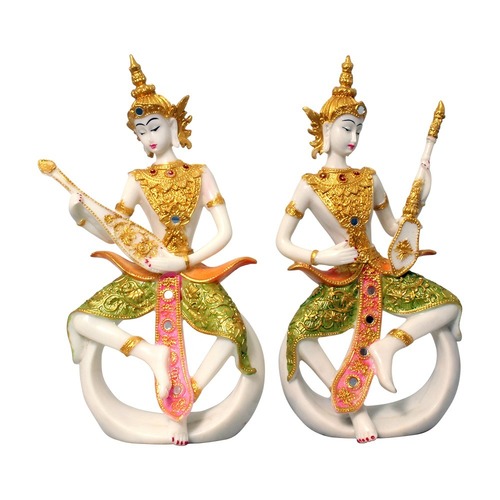 Multi Color Polyresin Buddha Decorative Statue/Murti Pair Playing Musical Instrument