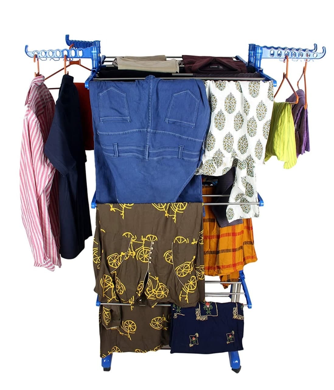 Double Pipes Cloth Rack Supports Drying Stand With Wheels