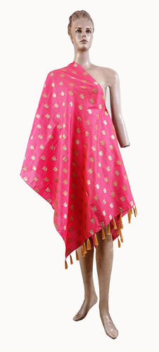 Printed Fringes Pink Embroidered Dupatta