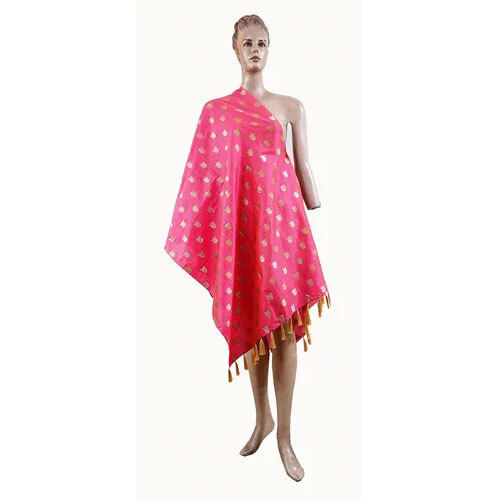 Printed Fringes Pink Embroidered Dupatta - Knitted Type: Machine Made