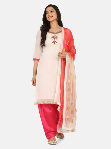 White And Peach Unstitch Salwar Suit Fabric