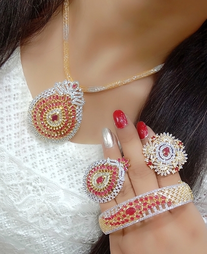 Red And White American Diamond Necklace Sets