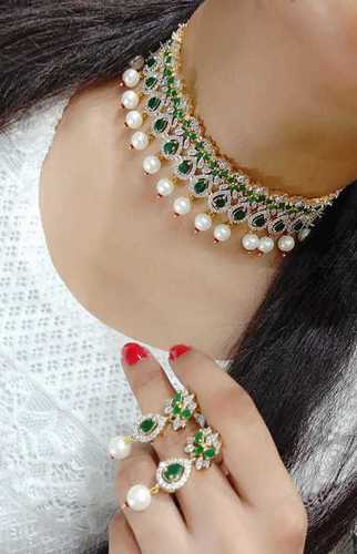Green And White American Diamond Necklace Sets