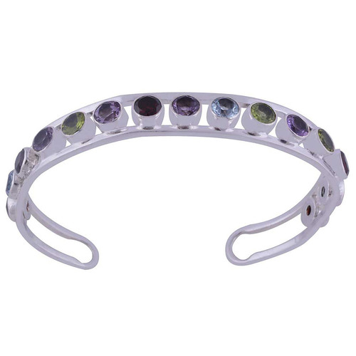 Multicolor Natural Gemstones Round 925 Sterling Solid Silver Handmade Bangle