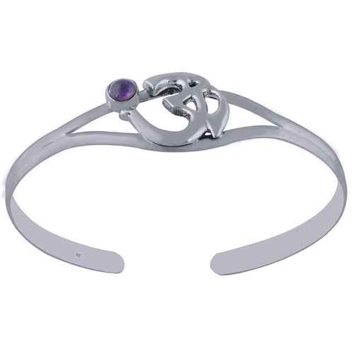 Amethyst Natural Gemstone Round 925 Sterling Solid Silver Handmade Om Bangled 925 Sterling Solid Silver Handmade Om Bangle
