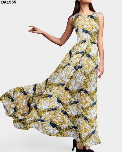 Golden Peacock Design Khadi Rayon Digital Print Fabric