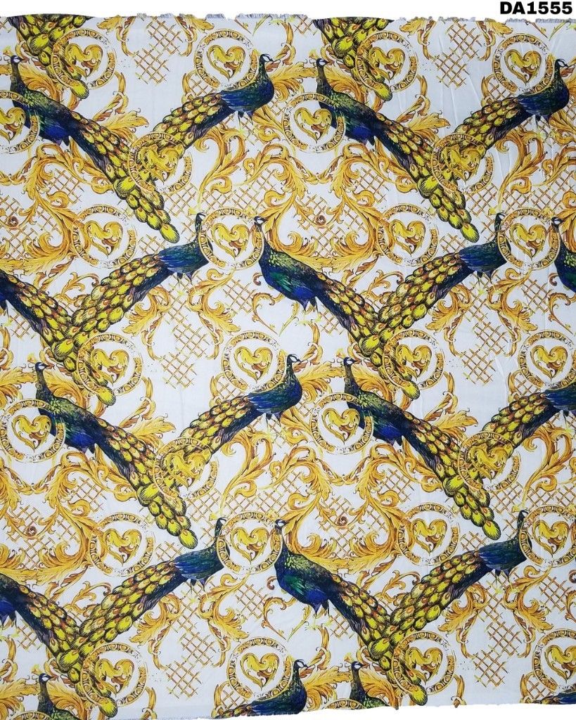 Golden Peacock Design Khadi Rayon Digital Print Fabric