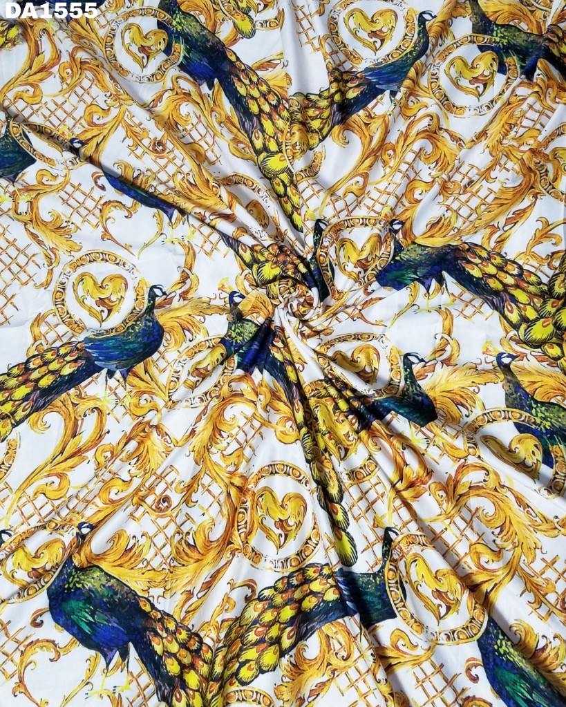 Golden Peacock Design Khadi Rayon Digital Print Fabric