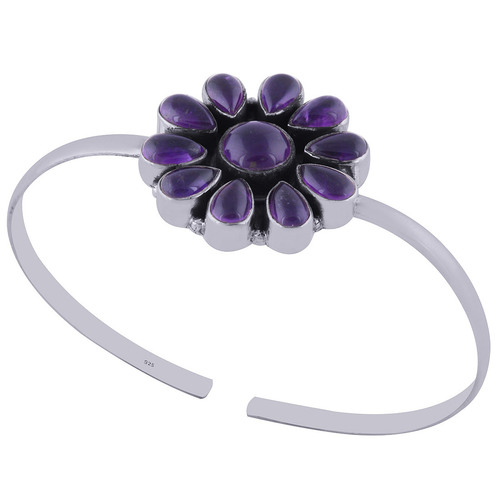 Amethyst Natural Gemstone Flower 925 Sterling Solid Silver Handmade Bangle