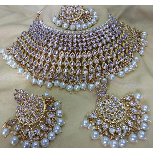 Enchanting White Heavy Necklace Set With Maang Tikka Bridal Jewelry Set