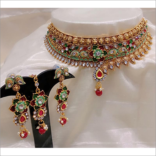 Heavy Kundan Lac And Meenakari Necklace Set With Maang Tikka Bridal Jewelry Set