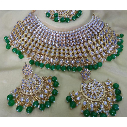 Beautiful Green & White Kundan, Rhinestone & Pearl Heavy Necklace Set With Maang Tikka Bridal Jewelry