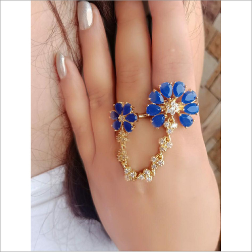 Blue Crystal And White Rhinestone Dual Finger Ring