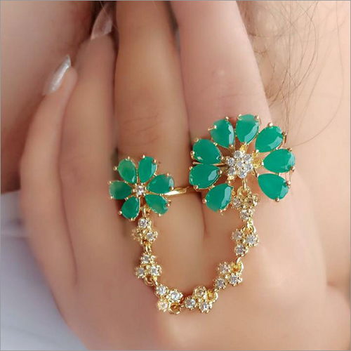 Green Crystal And White Rhinestone Dual Finger Ring