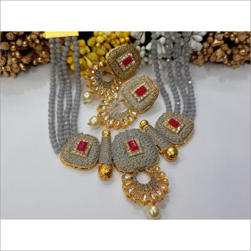 Heavy Kundan Necklace Set Matte Grey & Red