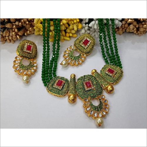 Kundan & Pearl Heavy Layered Necklace Set Green Red