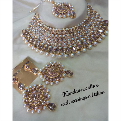 Kundan And Pearl Heavy Necklace Set With Maang Tikka Bridal Jewelry