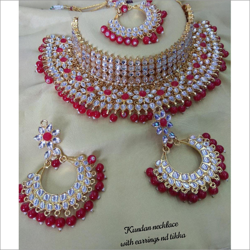 Kundan & Red Beads Heavy Necklace Set With Maang Tikka Bridal Jewelry
