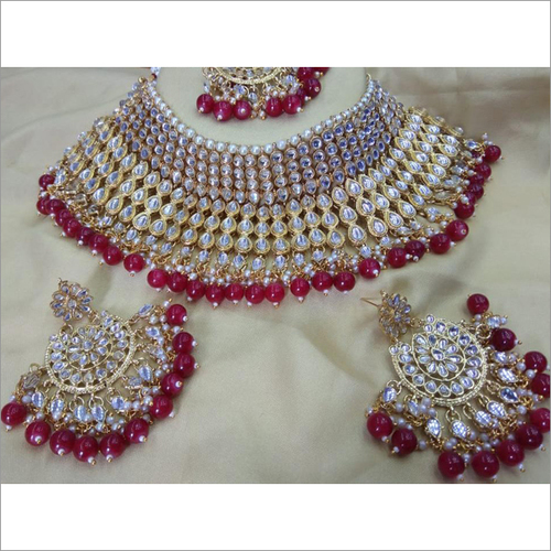 Kundan & Red Pearl Heavy Necklace Set Bridal Jewelry With Maang Tikka