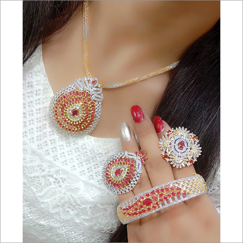 Red & White American Diamond Heavy Necklace Set With 2 Finger Rings & 1 Kada Bracelet By PEGASI GEMS & JEWELLERS