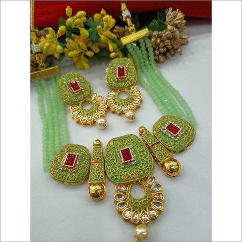 Sea Green Layered Pearl And Kundan Heavy Necklace Set