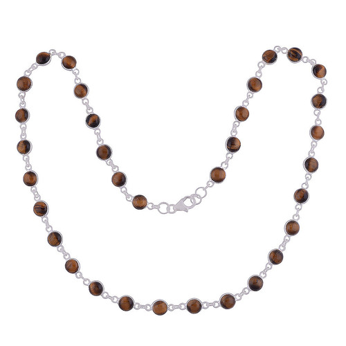 Tiger Eye Natural Gemstone 925 Sterling Solid Silver Round Cabochon Stone Handmade Necklace