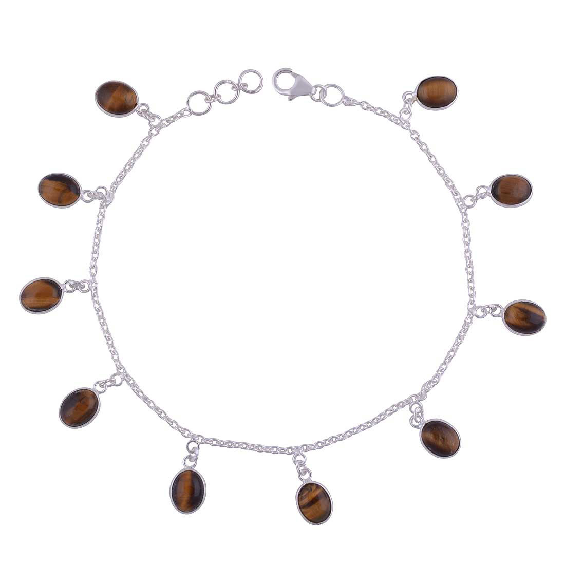 Tiger Eye Natural Gemstone Oval 925 Sterling Solid Silver Handmade Anklet