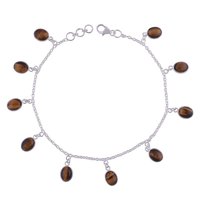 Tiger Eye Natural Gemstone Oval 925 Sterling Solid Silver Handmade Anklet