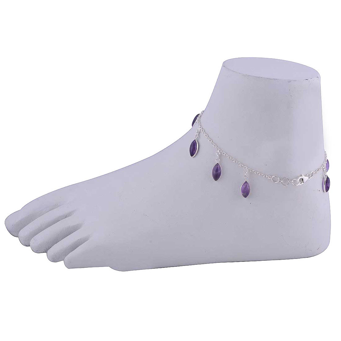 Amethyst Natural Gemstone Marquise 925 Sterling Solid Silver Handmade Anklet