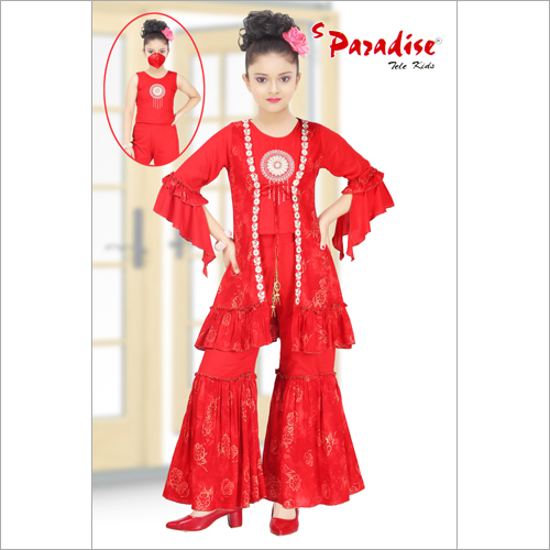 Girls Red Color Sharara Dress With Mask Age Group: 1-12 Years