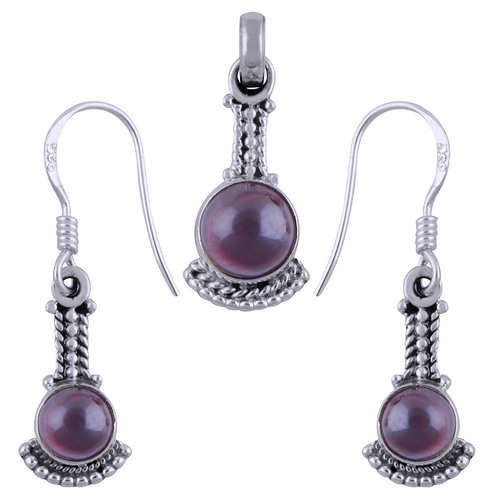 Garnet Natural Gemstone Round 925 Sterling Solid Silver Handmade Earrings & Pendant Set