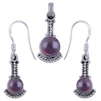 Garnet Natural Gemstone Round 925 Sterling Solid Silver Handmade Earrings & Pendant Set