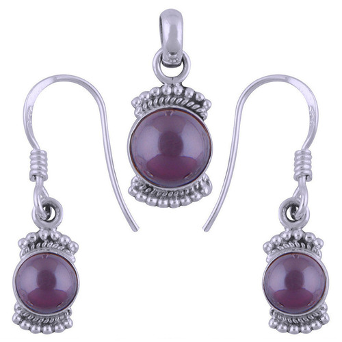 Garnet Natural Gemstone Round 925 Sterling Solid Silver Handmade Earrings & Pendant Set