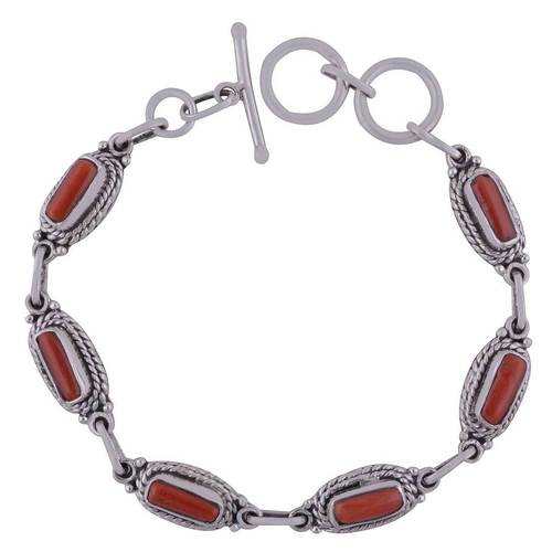 Coral Natural Gemstone 925 Sterling Solid Silver Rectangle Cabochon Handmade Bracelet Diameter: Length:8.5 Inch X Width:8 Mm Inch (In)