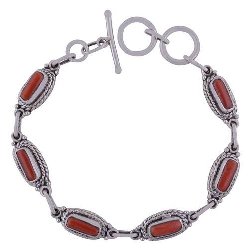 Coral Natural Gemstone 925 Sterling Solid Silver Rectangle Cabochon Handmade Bracelet