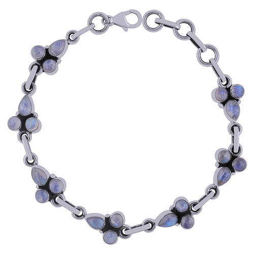 Rainbow Natural Gemstone 925 Sterling Solid Silver Round/pear Cabochon Handmade Bracelet