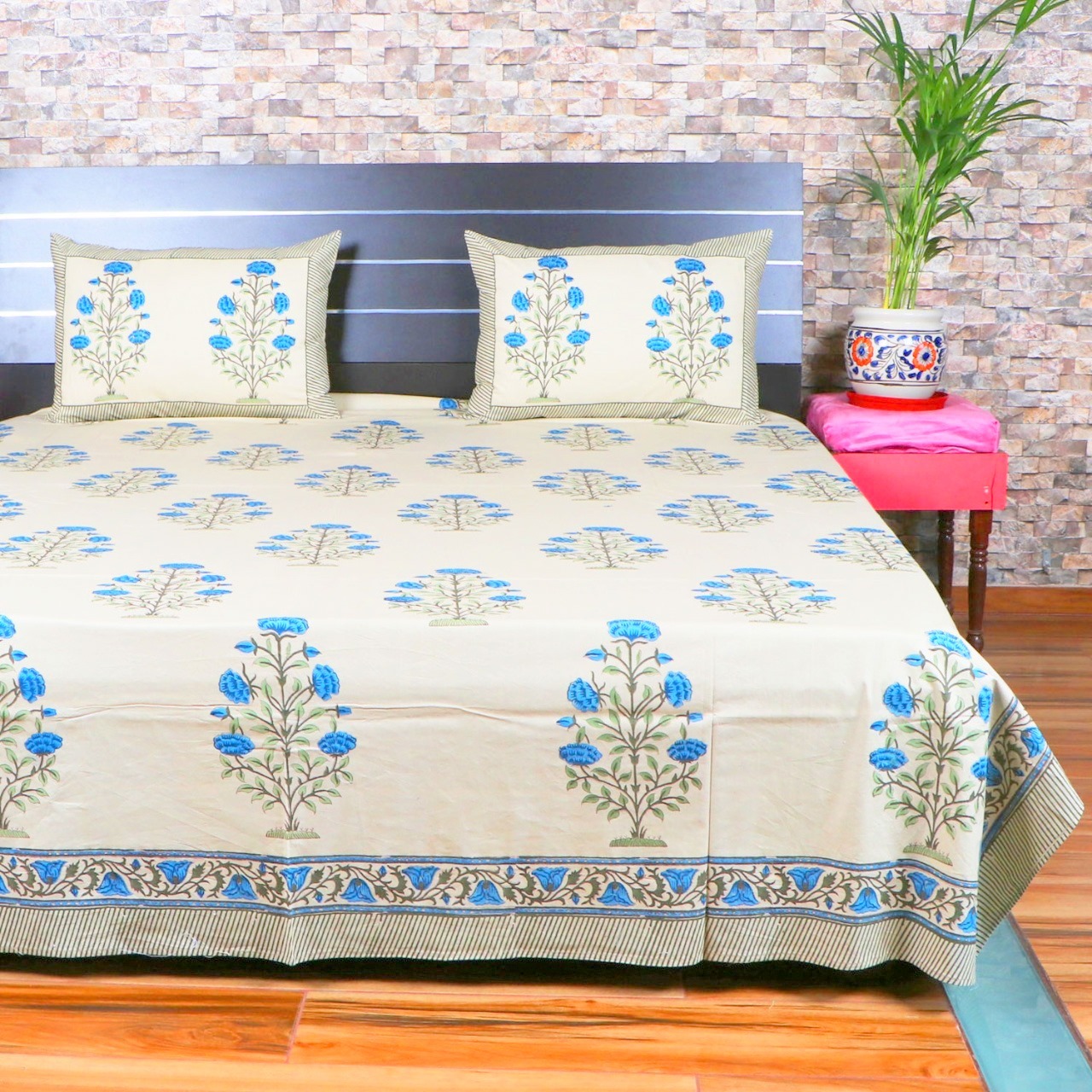 Blue Flower Printed Bedsheet